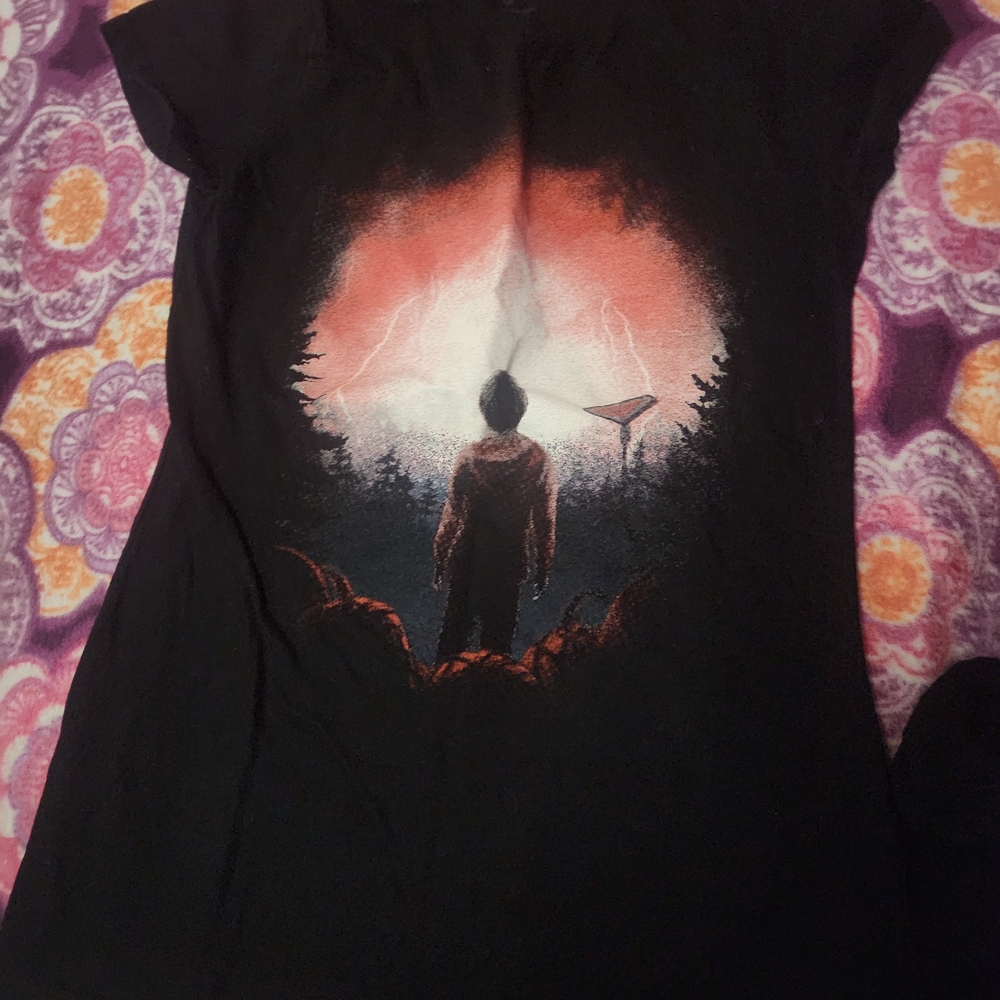 Black Graphic T-Shirt with Red and White Design